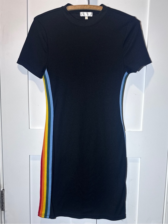 Dresses & Skirts - Women’s M Fitted Black Knit T-Shirt Dress with Rainbow Side Stripes Pride